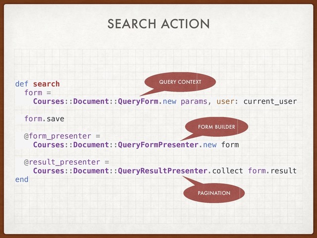 SEARCH ACTION
def search
form =
Courses::Document::QueryForm.new params, user: current_user
form.save
@form_presenter =
Courses::Document::QueryFormPresenter.new form
@result_presenter =
Courses::Document::QueryResultPresenter.collect form.result
end
PAGINATION
FORM BUILDER
QUERY CONTEXT
