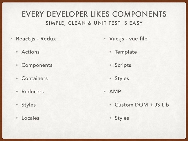 SIMPLE, CLEAN & UNIT TEST IS EASY
EVERY DEVELOPER LIKES COMPONENTS
• React.js - Redux
• Actions
• Components
• Containers
• Reducers
• Styles
• Locales
• Vue.js - vue file
• Template
• Scripts
• Styles
• AMP
• Custom DOM + JS Lib
• Styles
