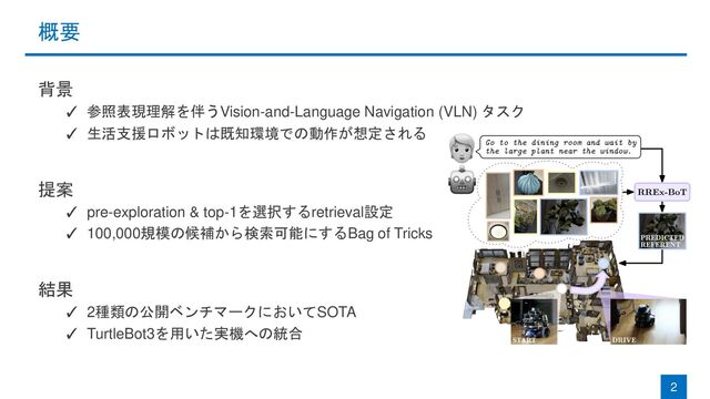 概要
背景
✓ 参照表現理解を伴うVision-and-Language Navigation (VLN) タスク
✓ 生活支援ロボットは既知環境での動作が想定される
提案
✓ pre-exploration & top-1を選択するretrieval設定
✓ 100,000規模の候補から検索可能にするBag of Tricks
結果
✓ 2種類の公開ベンチマークにおいてSOTA
✓ TurtleBot3を用いた実機への統合
2
