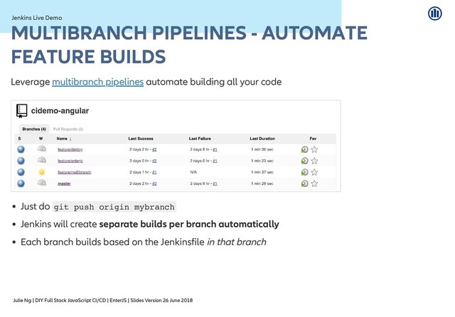 Julie Ng | DIY Full Stack JavaScript CI/CD | EnterJS | Slides Version 26 June 2018
Jenkins Live Demo
Jenkins Live Demo
MULTIBRANCH PIPELINES - AUTOMATE
MULTIBRANCH PIPELINES - AUTOMATE
FEATURE BUILDS
FEATURE BUILDS
Leverage automate building all your code
Just do git push origin mybranch
Jenkins will create separate builds per branch automatically
Each branch builds based on the Jenkinsfile in that branch
multibranch pipelines
