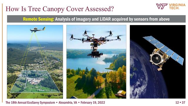 Remote Sensing: Analysis of imagery and LiDAR acquired by sensors from above
How Is Tree Canopy Cover Assessed?
The 18th Annual EcoSavvy Symposium • Alexandria, VA • February 19, 2022 12  37
