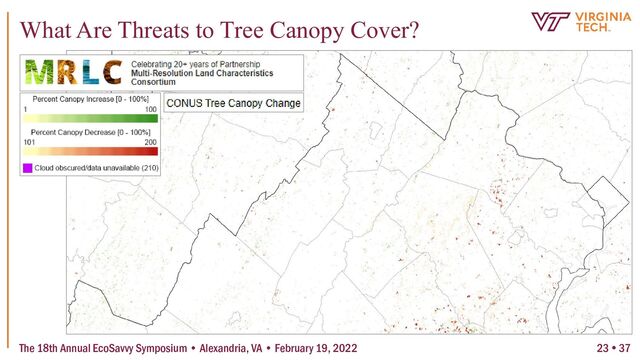 The 18th Annual EcoSavvy Symposium • Alexandria, VA • February 19, 2022
What Are Threats to Tree Canopy Cover?
23  37
