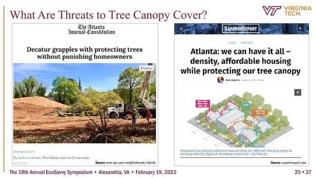 The 18th Annual EcoSavvy Symposium • Alexandria, VA • February 19, 2022
What Are Threats to Tree Canopy Cover?
Source: www.ajc.com/neighborhoods/dekalb Source: saportareport.com
25  37
