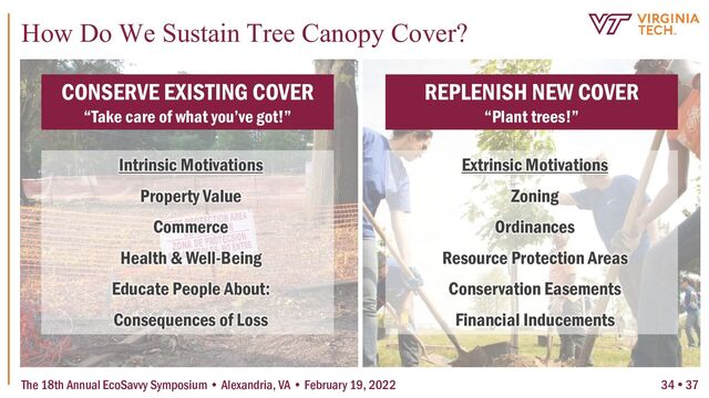 CONSERVE EXISTING COVER
“Take care of what you’ve got!”
REPLENISH NEW COVER
“Plant trees!”
Intrinsic Motivations
Property Value
Commerce
Health & Well-Being
Educate People About:
Consequences of Loss
Extrinsic Motivations
Zoning
Ordinances
Resource Protection Areas
Conservation Easements
Financial Inducements
How Do We Sustain Tree Canopy Cover?
The 18th Annual EcoSavvy Symposium • Alexandria, VA • February 19, 2022 34  37
