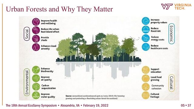 Urban Forests and Why They Matter
Community
cohesion
Source: ourauckland.aucklandcouncil.govt.nz/news/2019/03/knowing-
growing-and-protecting-a-flourishing-urban-forest-for-auckland/
The 18th Annual EcoSavvy Symposium • Alexandria, VA • February 19, 2022 05  37
