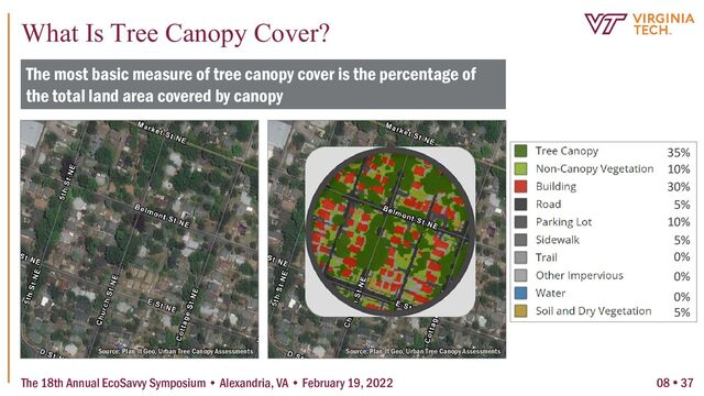 The most basic measure of tree canopy cover is the percentage of
the total land area covered by canopy
Source: Plan-It Geo, Urban Tree Canopy Assessments Source: Plan-It Geo, Urban Tree Canopy Assessments
35%
10%
30%
5%
10%
5%
0%
0%
0%
5%
The 18th Annual EcoSavvy Symposium • Alexandria, VA • February 19, 2022
What Is Tree Canopy Cover?
08  37
