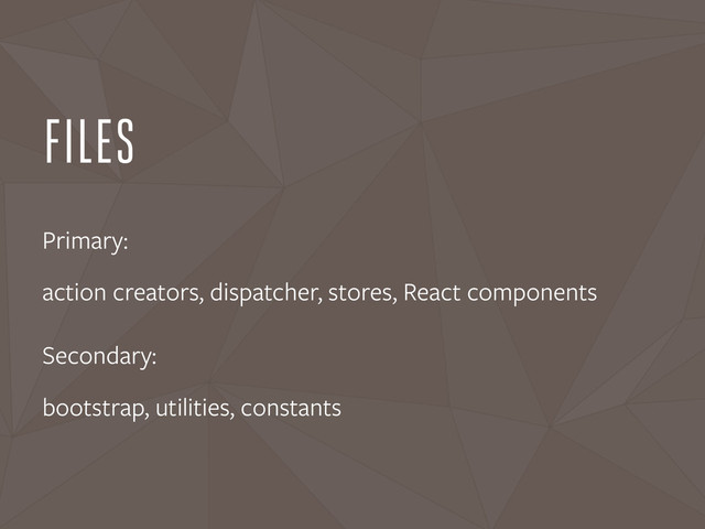 FILES
Primary:
action creators, dispatcher, stores, React components
Secondary:
bootstrap, utilities, constants
