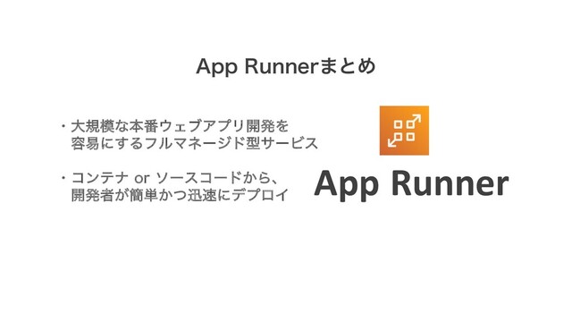 App Runner
"QQ3VOOFS·ͱΊ
ɾେن໛ͳຊ൪΢ΣϒΞϓϦ։ൃΛ
༰қʹ͢ΔϑϧϚωʔδυܕαʔϏε
ɾίϯςφ PSιʔείʔυ͔Βɺ
։ൃऀ͕؆୯͔ͭਝ଎ʹσϓϩΠ
