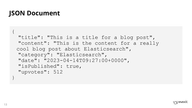 13
JSON Document
{
"title": "This is a title for a blog post",
"content": "This is the content for a really
cool blog post about Elasticsearch",
"category": "Elasticsearch",
"date": "2023-04-14T09:27:00+0000",
"isPublished": true,
"upvotes": 512
}
