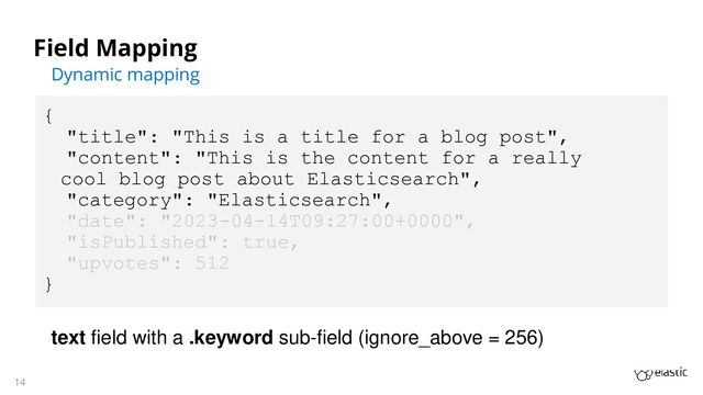 14
Field Mapping
Dynamic mapping
{
"title": "This is a title for a blog post",
"content": "This is the content for a really
cool blog post about Elasticsearch",
"category": "Elasticsearch",
"date": "2023-04-14T09:27:00+0000",
"isPublished": true,
"upvotes": 512
}
text field with a .keyword sub-field (ignore_above = 256)
