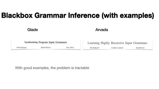 Blackbox Grammar Inference (with examples)
Glade Arvada
With good examples, the problem is tractable
