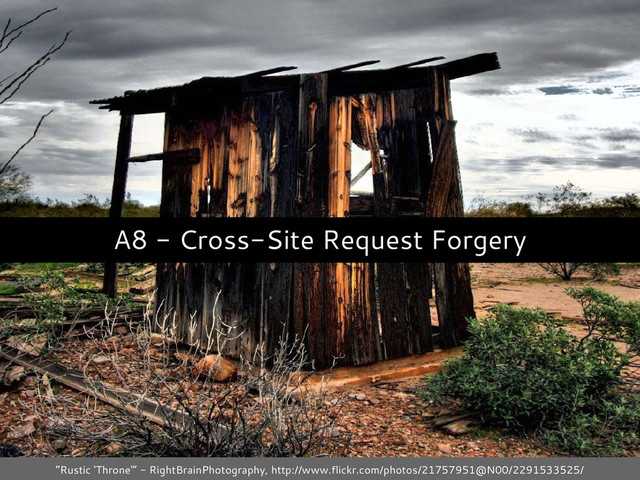 A8 - Cross-Site Request Forgery
“Rustic 'Throne'” - RightBrainPhotography, http://www.flickr.com/photos/21757951@N00/2291533525/
