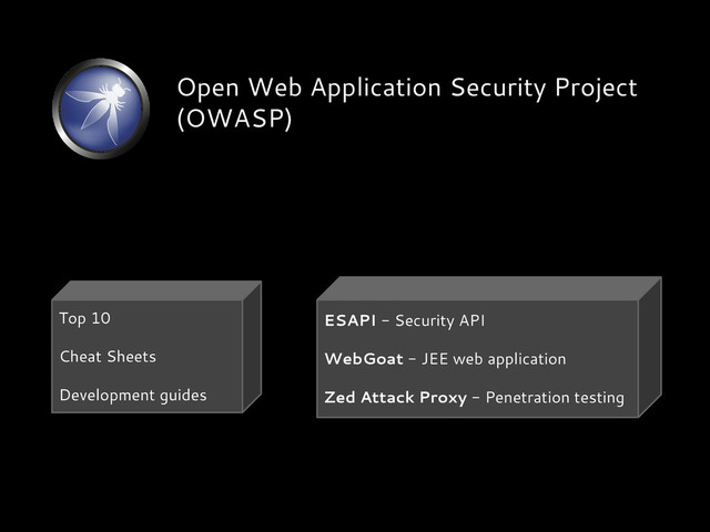 Open Web Application Security Project
(OWASP)
Top 10
Cheat Sheets
Development guides
ESAPI - Security API
WebGoat - JEE web application
Zed Attack Proxy - Penetration testing
