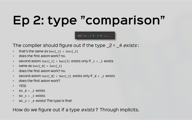 val x: _2 < _4 = ...
Ep 2: type ”comparison”
The compiler should figure out if the type _2 < _4 exists :
• that’s the same as Succ[_1] < Succ[_3]
• does the first axiom work? no.
• second axiom: Succ[_1] < Succ[3] exists only if _1 < _3 exists
• same as Succ[_0] < Succ[_2]
• does the first axiom work? no.
• second axiom: Succ[_0] < Succ[_2] exists only if _0 < _2 exists
• does the first axiom work?
• YES!
• so _0 < _2 exists
• so _1 < _3 exists
• so _2 < _4 exists! The type is fine!
How do we figure out if a type exists ? Through implicits.
