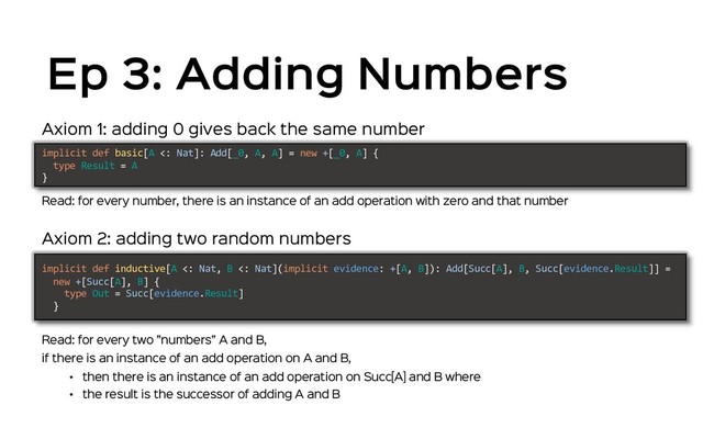 Ep 3: Adding Numbers
Axiom 1: adding 0 gives back the same number
Read: for every number, there is an instance of an add operation with zero and that number
implicit def basic[A <: Nat]: Add[_0, A, A] = new +[_0, A] {
type Result = A
}
implicit def inductive[A <: Nat, B <: Nat](implicit evidence: +[A, B]): Add[Succ[A], B, Succ[evidence.Result]] =
new +[Succ[A], B] {
type Out = Succ[evidence.Result]
}
Axiom 2: adding two random numbers
Read: for every two ”numbers” A and B,
if there is an instance of an add operation on A and B,
• then there is an instance of an add operation on Succ[A] and B where
• the result is the successor of adding A and B
