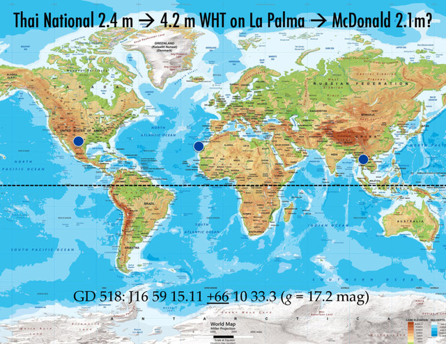 Thai National 2.4 m à 4.2 m WHT on La Palma à McDonald 2.1m?
GD  518:  J16  59  15.11  +66  10  33.3  (g  =  17.2  mag)

