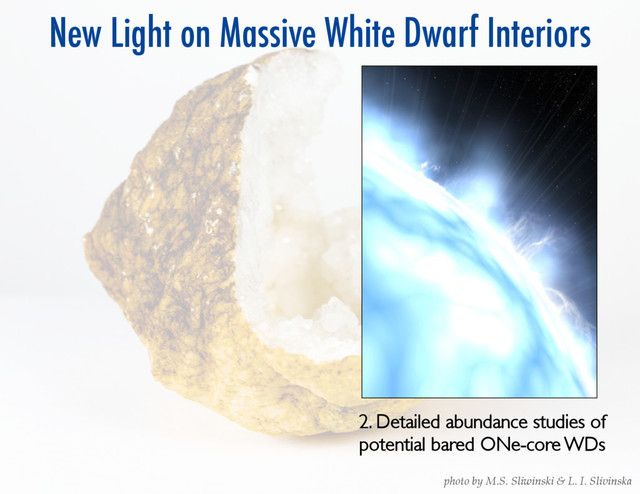 New Light on Massive White Dwarf Interiors
2. Detailed abundance studies of
potential bared ONe-core WDs	

photo  by  M.S.  Sliwinski  &  L.  I.  Slivinska	
