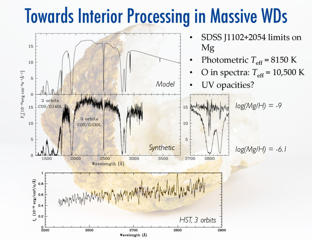 Towards Interior Processing in Massive WDs
•  SDSS  J1102+2054  limits  on  
Mg	
•  Photometric  T
eﬀ
  =  8150  K	
•  O  in  spectra:  T
eﬀ
  =  10,500  K	
•  UV  opacities?	
Model	

Synthetic	

log(Mg/H) = -9 	

log(Mg/H) = -6.1 	

HST, 3 orbits	

