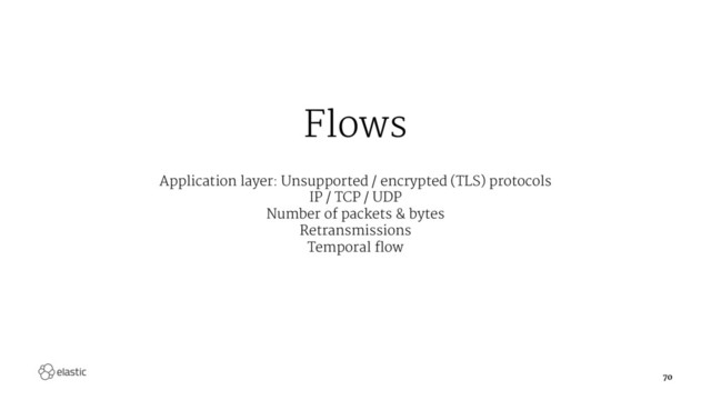 Flows
Application layer: Unsupported / encrypted (TLS) protocols
IP / TCP / UDP
Number of packets & bytes
Retransmissions
Temporal flow
70
