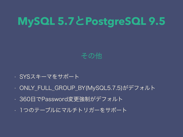 MySQL 5.7ͱPostgreSQL 9.5
ͦͷଞ
w 4:4εΩʔϚΛαϙʔτ
w 0/-:@'6--@(3061@#: .Z42-
͕σϑΥϧτ
w ೔Ͱ1BTTXPSEมߋڧ੍͕σϑΥϧτ
w ͭͷςʔϒϧʹϚϧντϦΨʔΛαϙʔτ
