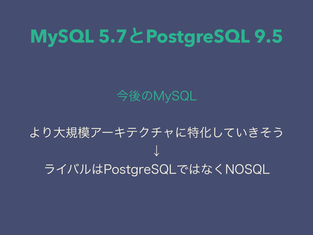 MySQL 5.7ͱPostgreSQL 9.5
ࠓޙͷ.Z42-
ΑΓେن໛ΞʔΩςΫνϟʹಛԽ͍͖ͯͦ͠͏
ˣ
ϥΠόϧ͸1PTUHSF42-Ͱ͸ͳ͘/042-
