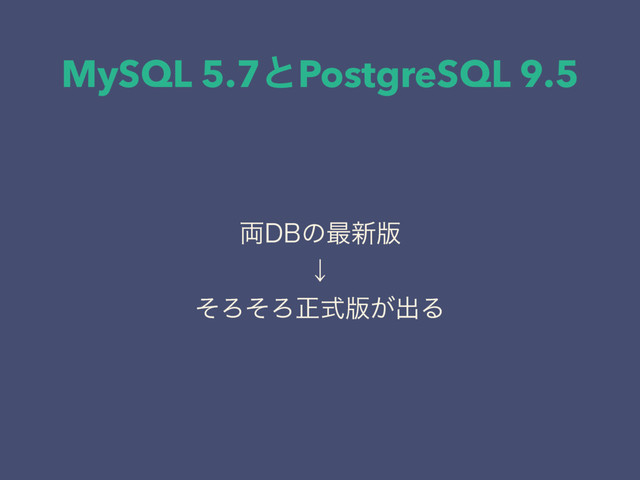 MySQL 5.7ͱPostgreSQL 9.5
྆%#ͷ࠷৽൛
ˣ
ͦΖͦΖਖ਼ࣜ൛͕ग़Δ
