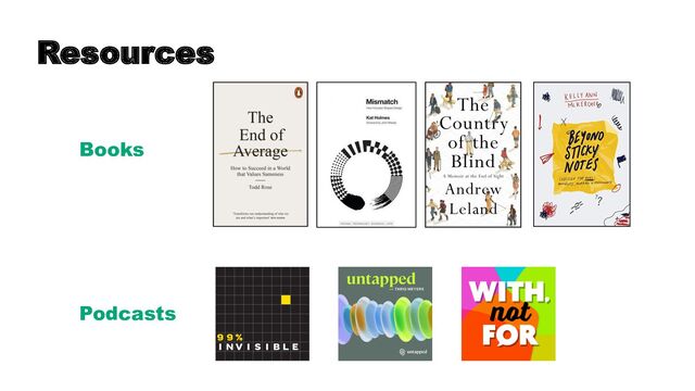 Resources
Books
Podcasts
