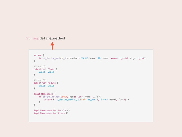 String.
.define_method
extern {
fn rb_define_method_id(receiver: VALUE, name: ID, func: *const c_void, argc: c_int);
}
#[repr(C)]
pub struct Class {
VALUE: VALUE
}
#[repr(C)]
pub struct Module {
VALUE: VALUE
}
trait Namespace {
fn define_method(&self, name: &str, func: ...) {
unsafe { rb_define_method_id(self.as_ptr(), intern(name), func); }
}
}
impl Namespace for Module {}
impl Namespace for Class {}
