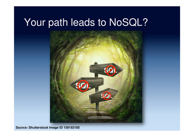 Your path leads to NoSQL?
Source: Shutterstock Image ID 159183185
SQL
SQL
SQL
