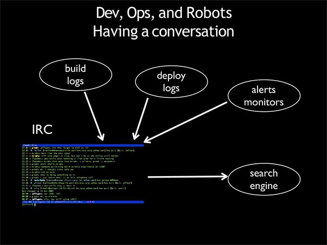 Dev, Ops, and Robots
Having a conversation
IRC
search
engine
alerts
monitors
deploy
logs
build
logs
