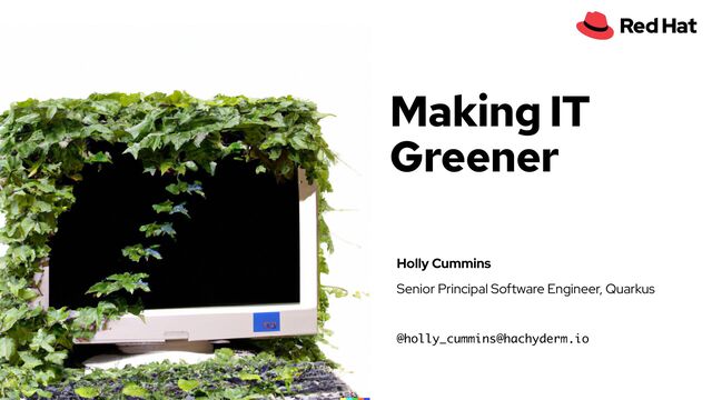 Holly Cummins


Senior Principal Software Engineer, Quarkus


@holly_cummins@hachyderm.io
Making IT
Greener
