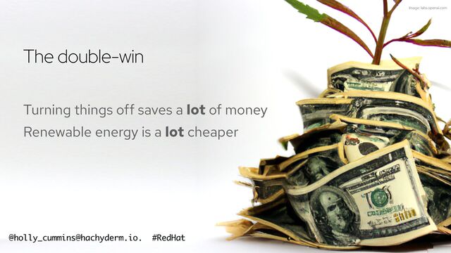 @holly_cummins #RedHat
The double-win
Turning things off saves a lot of money


Renewable energy is a lot cheaper
@holly_cummins@hachyderm.io. #RedHat
Image: labs.openai.com
