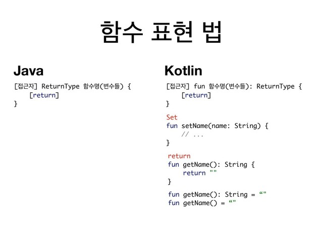 ೣࣻ ಴അ ߨ
[੽Ӕ੗] fun ೣࣻݺ(߸ٜࣻ): ReturnType {
[return]
}
[੽Ӕ੗] ReturnType ೣࣻݺ(߸ٜࣻ) {
[return]
}
Set
fun setName(name: String) {
// ...
}
return
fun getName(): String {
return ""
}
fun getName(): String = “"
fun getName() = “"
Kotlin
Java
