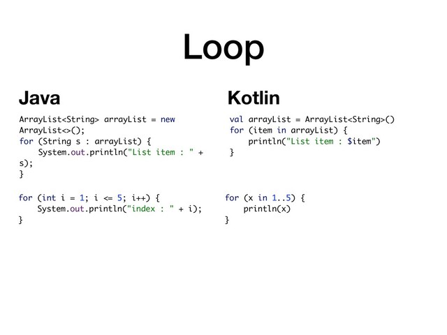 Loop
val arrayList = ArrayList()
for (item in arrayList) {
println("List item : $item")
}
ArrayList arrayList = new
ArrayList<>();
for (String s : arrayList) {
System.out.println("List item : " +
s);
}
Kotlin
Java
for (int i = 1; i <= 5; i++) {
System.out.println("index : " + i);
}
for (x in 1..5) {
println(x)
}
