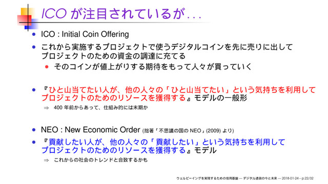 ICO
. . .
ICO : Initial Coin Offering
⇒ 400
NEO : New Economic Order ( NEO (2009) )
⇒
— — 2018-01-24 – p.22/32

