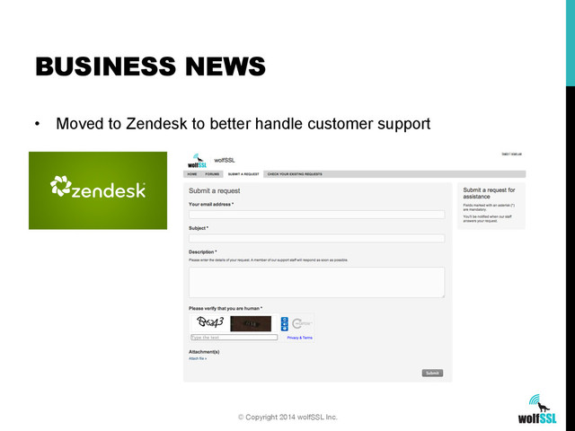 •  Moved to Zendesk to better handle customer support
BUSINESS NEWS
© Copyright 2014 wolfSSL Inc.
