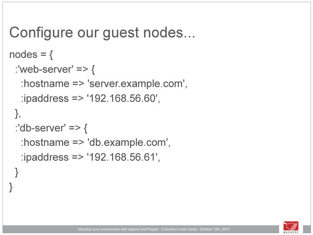 Virtualize your environment with Vagrant and Puppet - Columbus Code Camp - October 12th, 2013
Configure our guest nodes...
nodes = {
:'web-server' => {
:hostname => 'server.example.com',
:ipaddress => '192.168.56.60',
},
:'db-server' => {
:hostname => 'db.example.com',
:ipaddress => '192.168.56.61',
}
}

