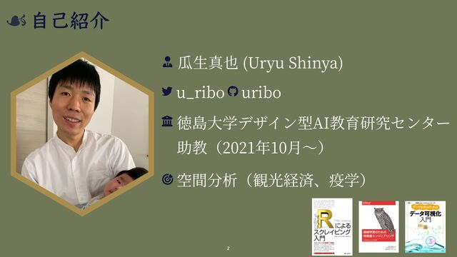 ⾃⼰紹介
(Uryu Shinya)
u_ribo
AI
2021 10
uribo
2
