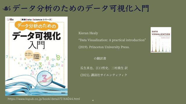 IUUQTXXXLTQVCDPKQCPPLEFUBJMIUNM
分析 可視化⼊⾨


(2021).
Kieran Healy


Data Visualization: A practical introduction


(
2
019
). Princeton University Press.
4

