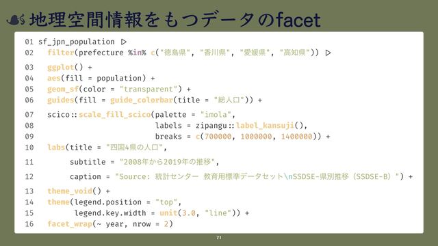地理空間情報 facet
71
01 sf_jpn_population
| > 

02 f
i
lter(prefecture %in% c("ಙౡݝ", "߳઒ݝ", "Ѫඤݝ", "ߴ஌ݝ"))
| > 

03 ggplot() +


04 aes(f
i
ll = population) +


05 geom_sf(color = "transparent") +


06 guides(f
i
ll = guide_colorbar(title = "૯ਓޱ")) +


07 scico
: :
scale_f
i
ll_scico(palette = "imola",


08 labels = zipangu
: :
label_kansuji(),


09 breaks = c(700000, 1000000, 1400000)) +


10 labs(title = "࢛ࠃ4ݝͷਓޱ",


11 subtitle = "2008೥͔Β2019೥ͷਪҠ",


12 caption = "Source: ౷ܭηϯλʔ ڭҭ༻ඪ४σʔληοτ\nSSDSE-ݝผਪҠʢSSDSE-Bʣ") +


13 theme_void() +


14 theme(legend.position = "top",


15 legend.key.width = unit(3.0, "line")) +


16 facet_wrap(~ year, nrow = 2)
