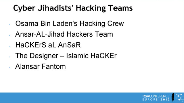 Cyber Jihadists' Hacking Teams
•
Osama Bin Laden's Hacking Crew
•
Ansar-AL-Jihad Hackers Team
•
HaCKErS aL AnSaR
•
The Designer – Islamic HaCKEr
•
Alansar Fantom
