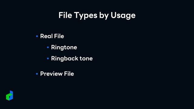 File Types by Usage
● Real File


● Ringtone


● Ringback tone
● Preview File
