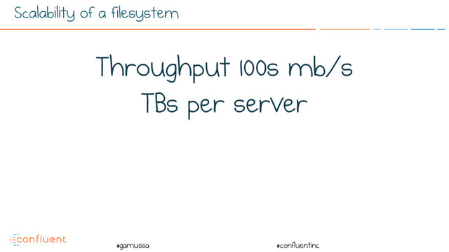 @
@gamussa @confluentinc
Scalability of a filesystem
Throughput 100s mb/s
TBs per server
