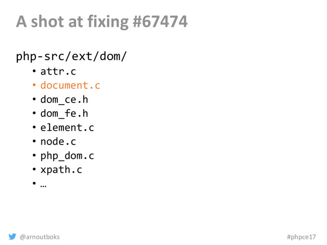 @arnoutboks #phpce17
A shot at fixing #67474
php-src/ext/dom/
• attr.c
• document.c
• dom_ce.h
• dom_fe.h
• element.c
• node.c
• php_dom.c
• xpath.c
• …
