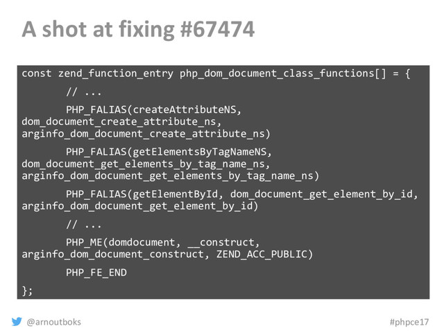@arnoutboks #phpce17
A shot at fixing #67474
const zend_function_entry php_dom_document_class_functions[] = {
// ...
PHP_FALIAS(createAttributeNS,
dom_document_create_attribute_ns,
arginfo_dom_document_create_attribute_ns)
PHP_FALIAS(getElementsByTagNameNS,
dom_document_get_elements_by_tag_name_ns,
arginfo_dom_document_get_elements_by_tag_name_ns)
PHP_FALIAS(getElementById, dom_document_get_element_by_id,
arginfo_dom_document_get_element_by_id)
// ...
PHP_ME(domdocument, __construct,
arginfo_dom_document_construct, ZEND_ACC_PUBLIC)
PHP_FE_END
};
