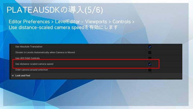 PLATEAUSDKの導入(5/6)
Editor Preferences > LevelEditor - Viewports > Controls >
Use distance-scaled camera speedを有効にします
