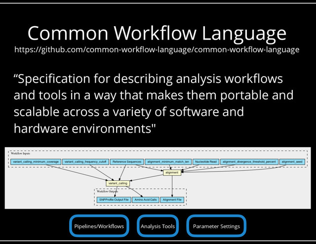 Common Workflow Language
“Specification for describing analysis workflows
and tools in a way that makes them portable and
scalable across a variety of software and
hardware environments"
https://github.com/common-workflow-language/common-workflow-language
Analysis Tools Parameter Settings
Pipelines/Workflows
