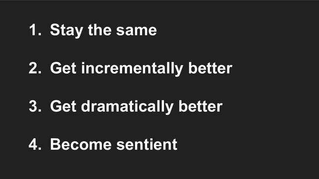 1. Stay the same
2. Get incrementally better
3. Get dramatically better
4. Become sentient
