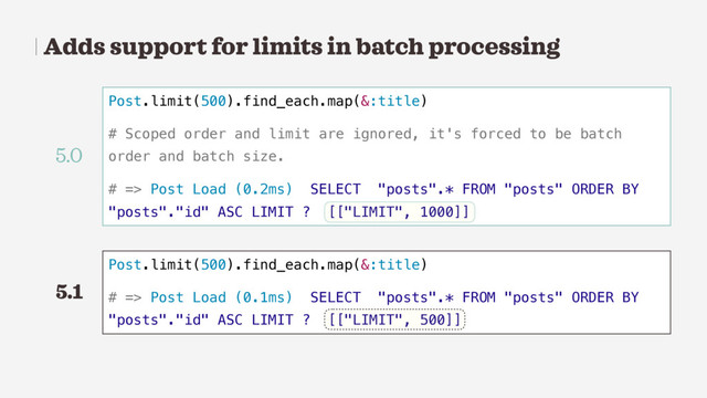 Adds support for limits in batch processing
Post.limit(500).find_each.map(&:title)
# Scoped order and limit are ignored, it's forced to be batch
order and batch size.
# => Post Load (0.2ms) SELECT "posts".* FROM "posts" ORDER BY
"posts"."id" ASC LIMIT ? [["LIMIT", 1000]]
Post.limit(500).find_each.map(&:title)
# => Post Load (0.1ms) SELECT "posts".* FROM "posts" ORDER BY
"posts"."id" ASC LIMIT ? [["LIMIT", 500]]
5.0
5.1
