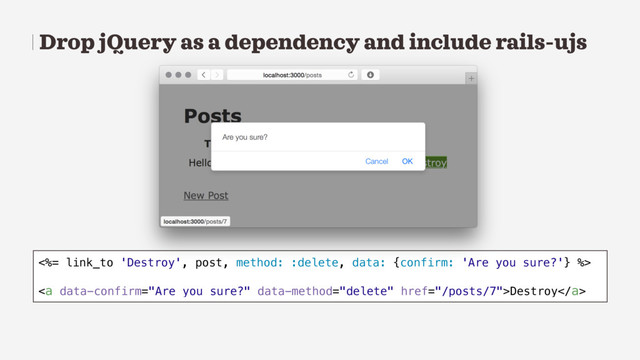 Drop jQuery as a dependency and include rails-ujs
<%= link_to 'Destroy', post, method: :delete, data: {confirm: 'Are you sure?'} %>
<a href="/posts/7">Destroy</a>
